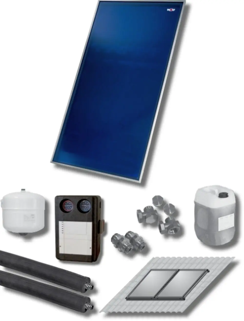 Solarkollektor von Wolf in rechteckiger Form, zusammen mit verschiedenen Montagekomponenten wie Rohren, Ventilen und einem Wärmespeicher.